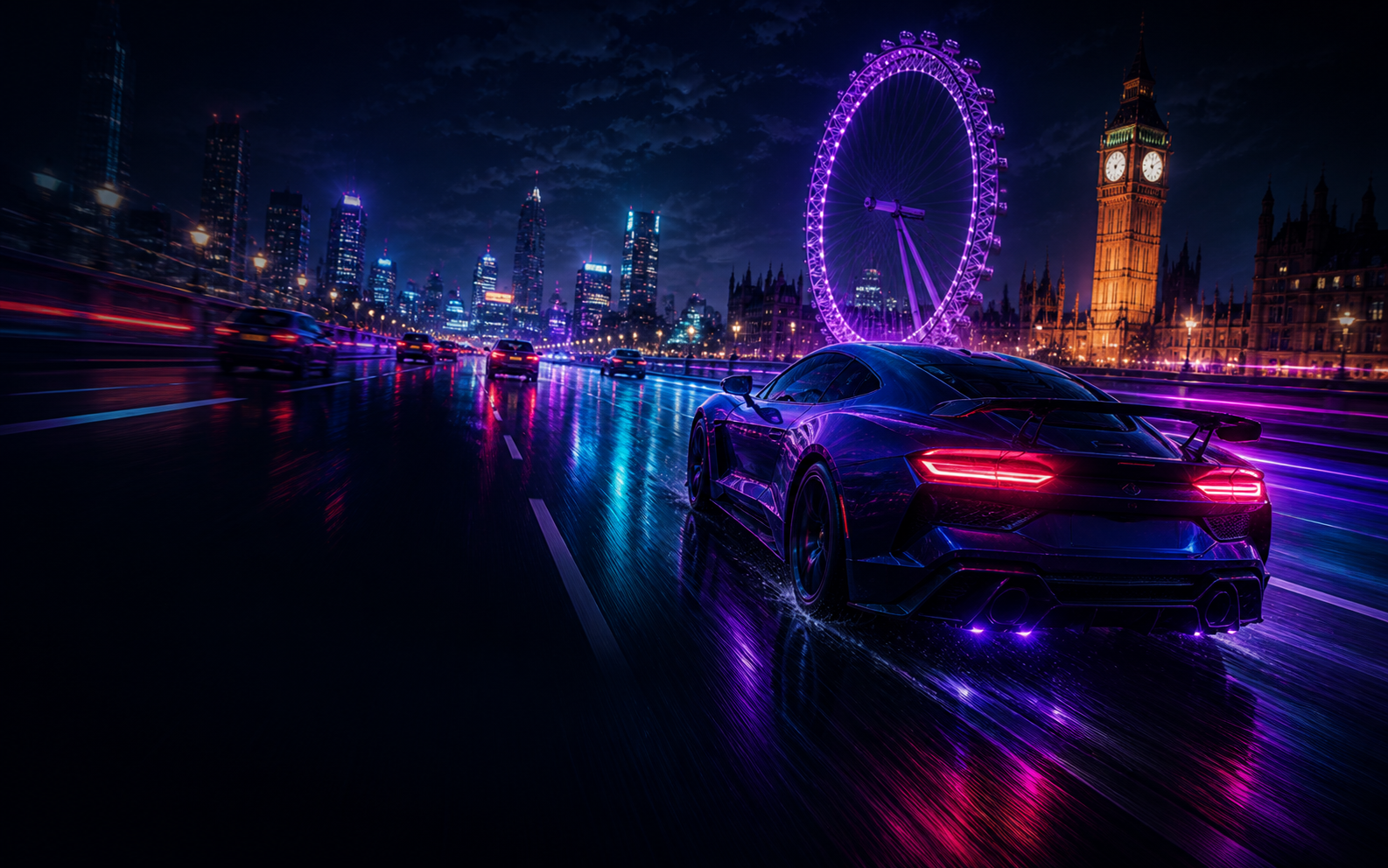 Sports car racing through neon London at night