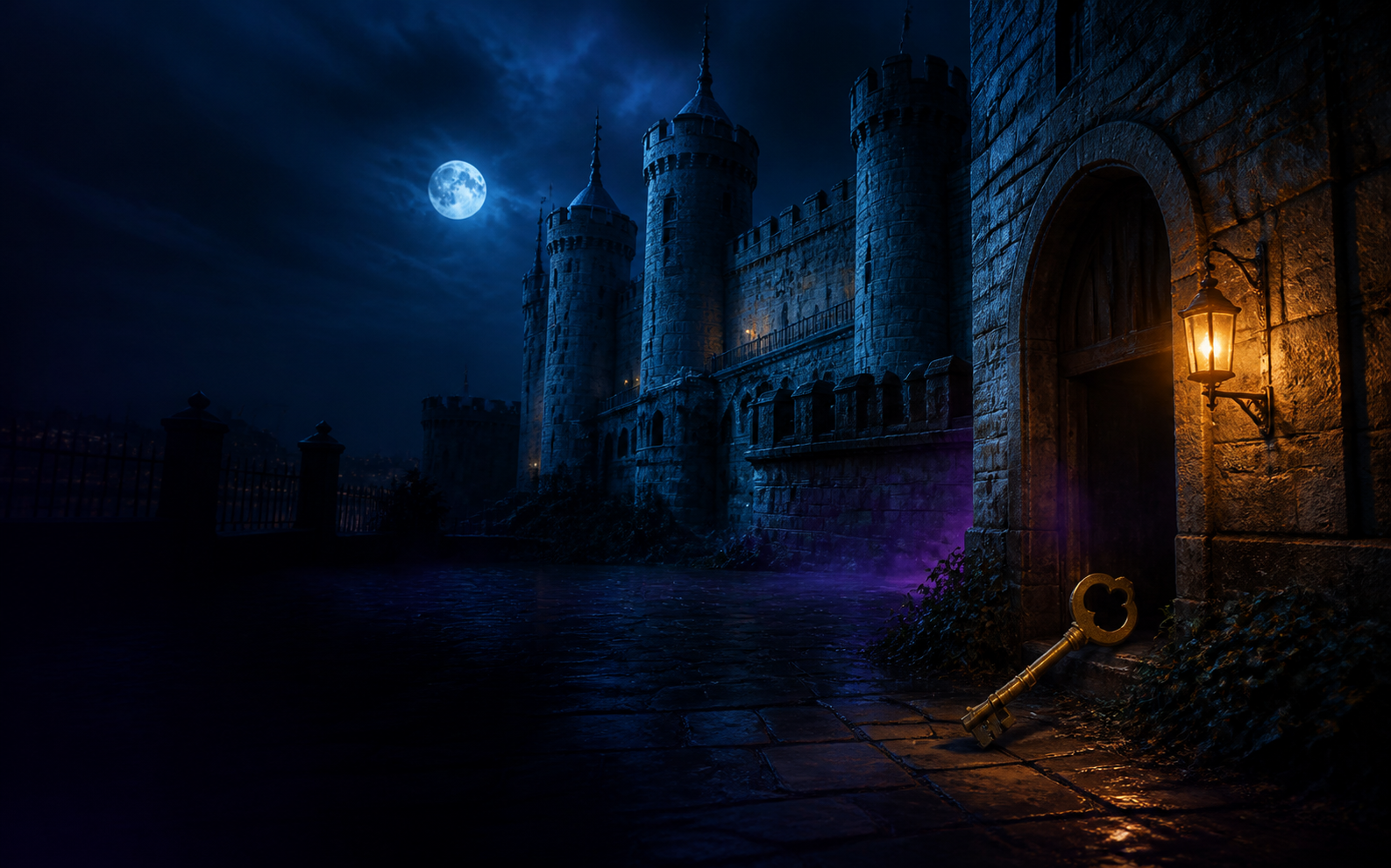 Moonlit stone fortress with a golden key
