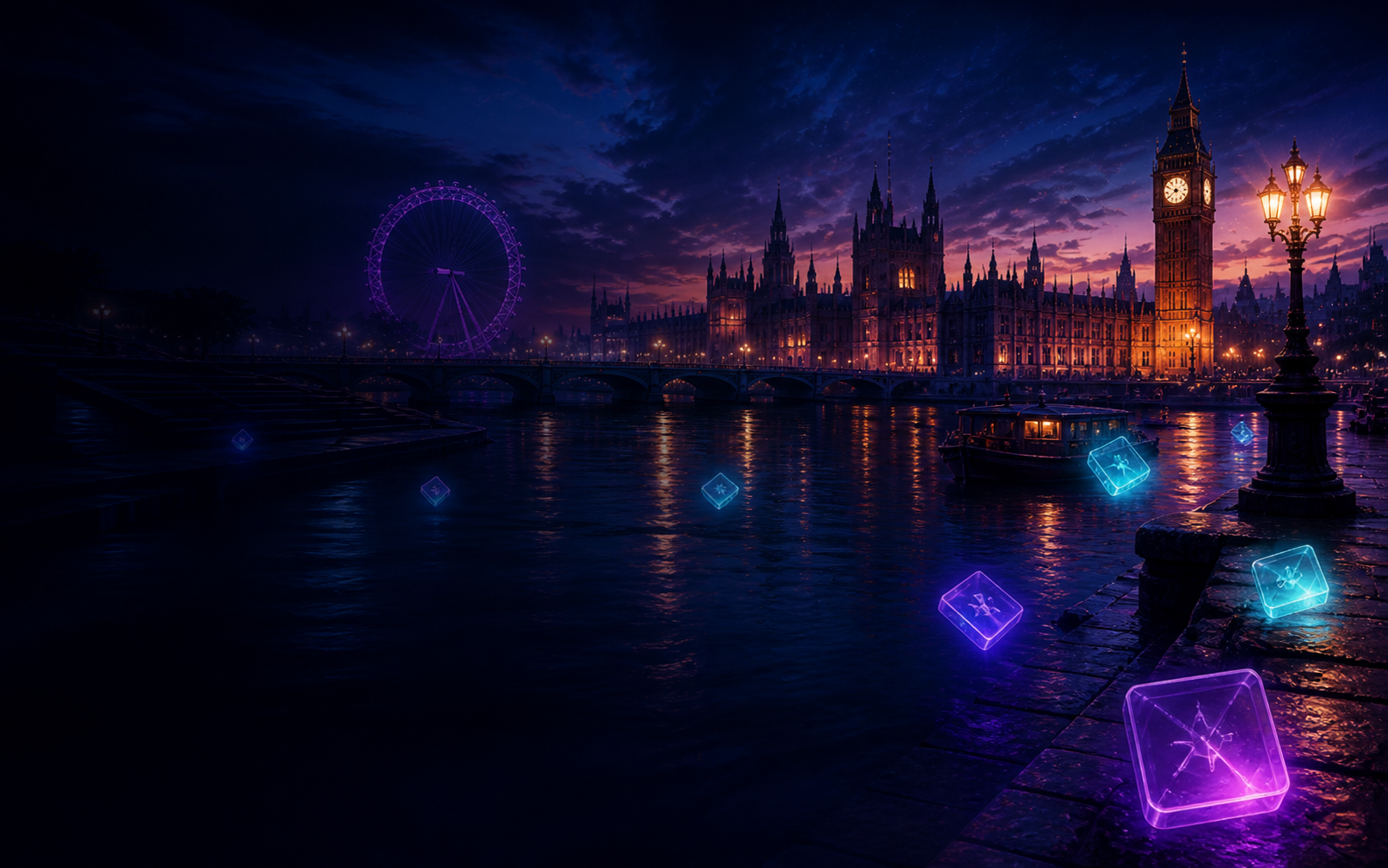 London waterfront at night with glowing word tiles